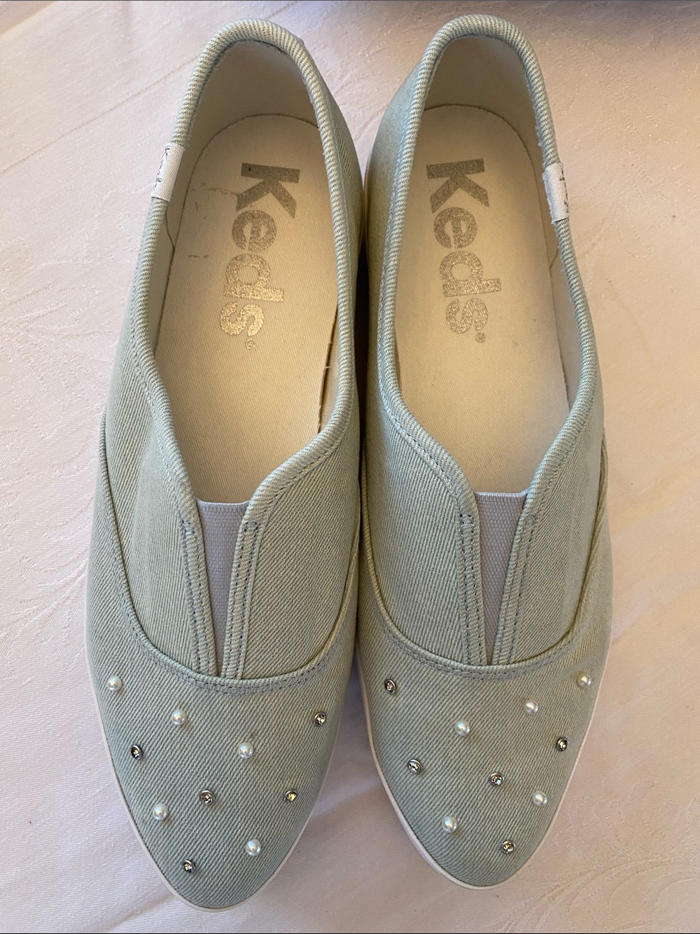 Keds Point Slip On Denim Pearl Rhinestone Platform Sneakers Size 10 EUC